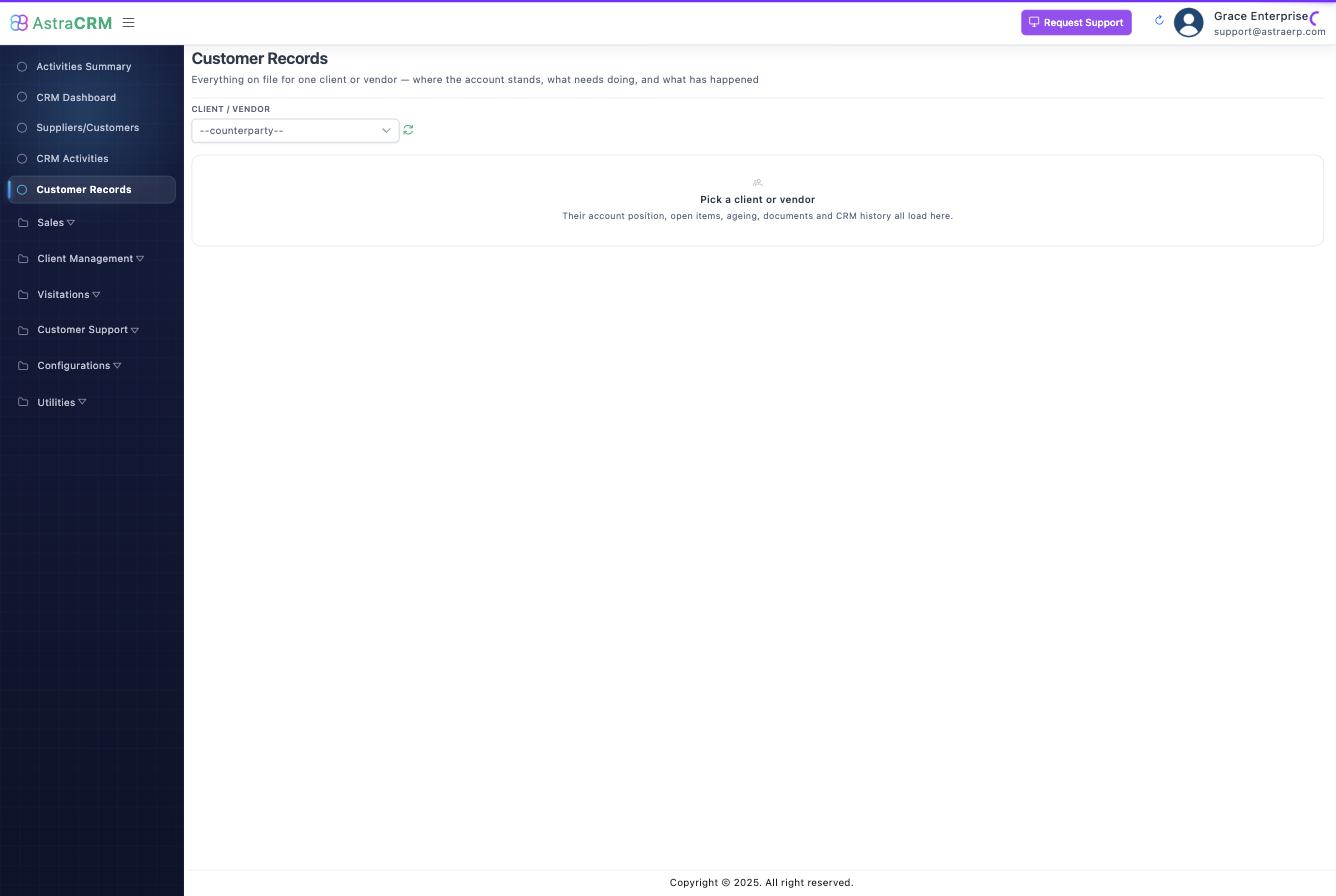 Customer Records: pick a client or vendor to load their whole position