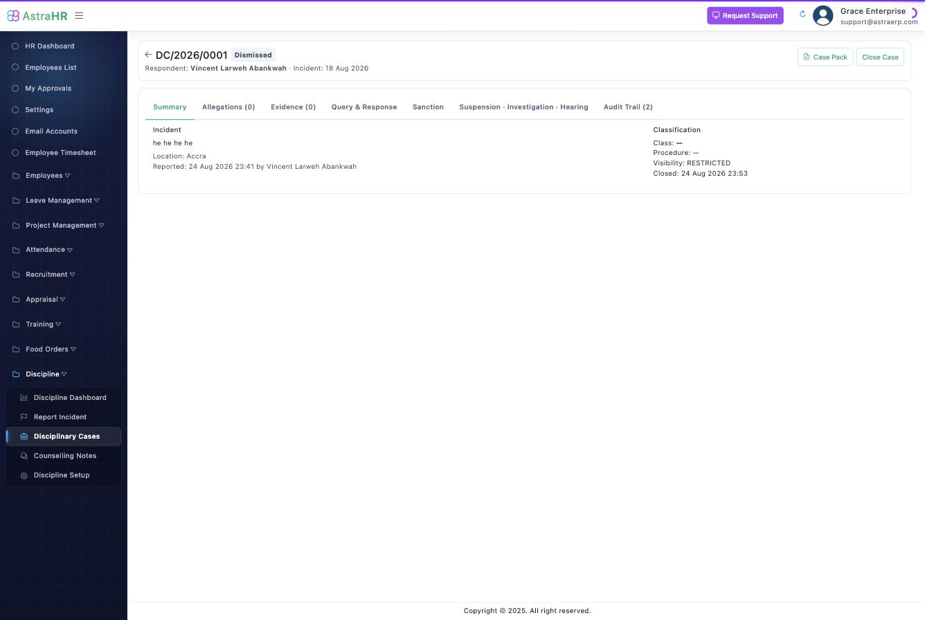 The case workspace: header actions, tabs and the audit trail
