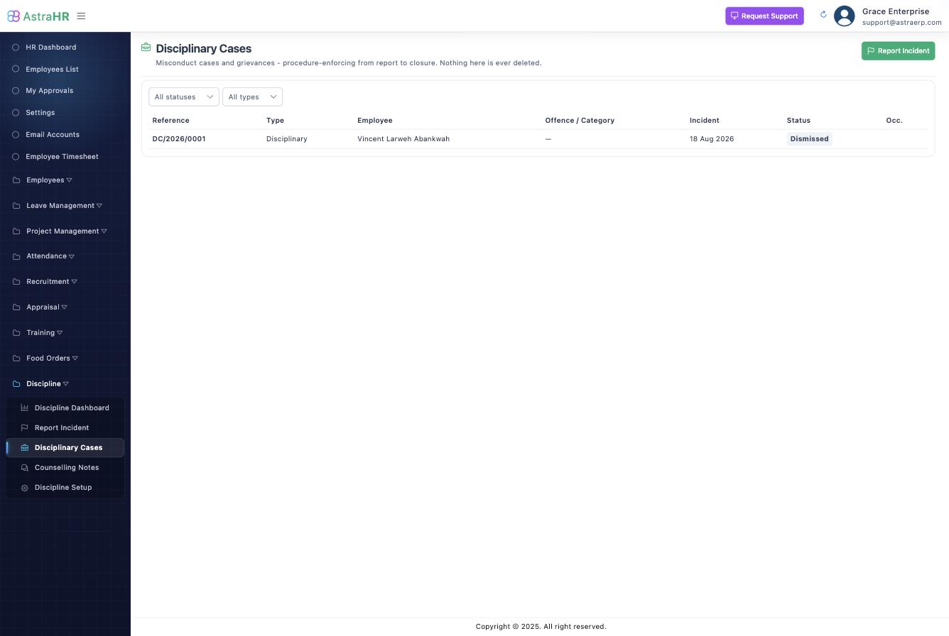 The case list with the Report Incident action