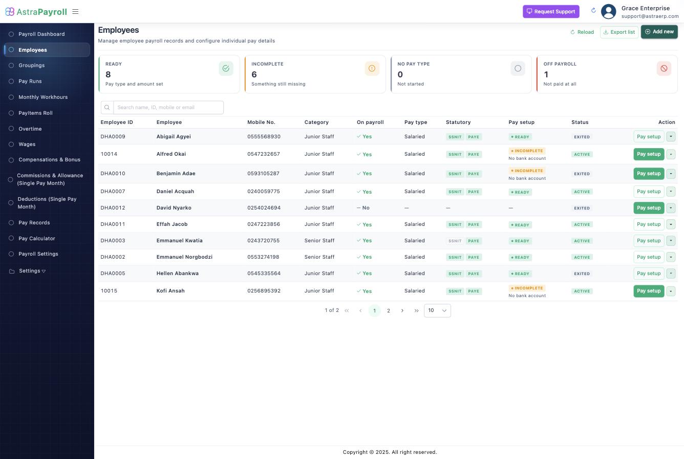 Payroll employee setup: readiness tiles and per-employee pay setup