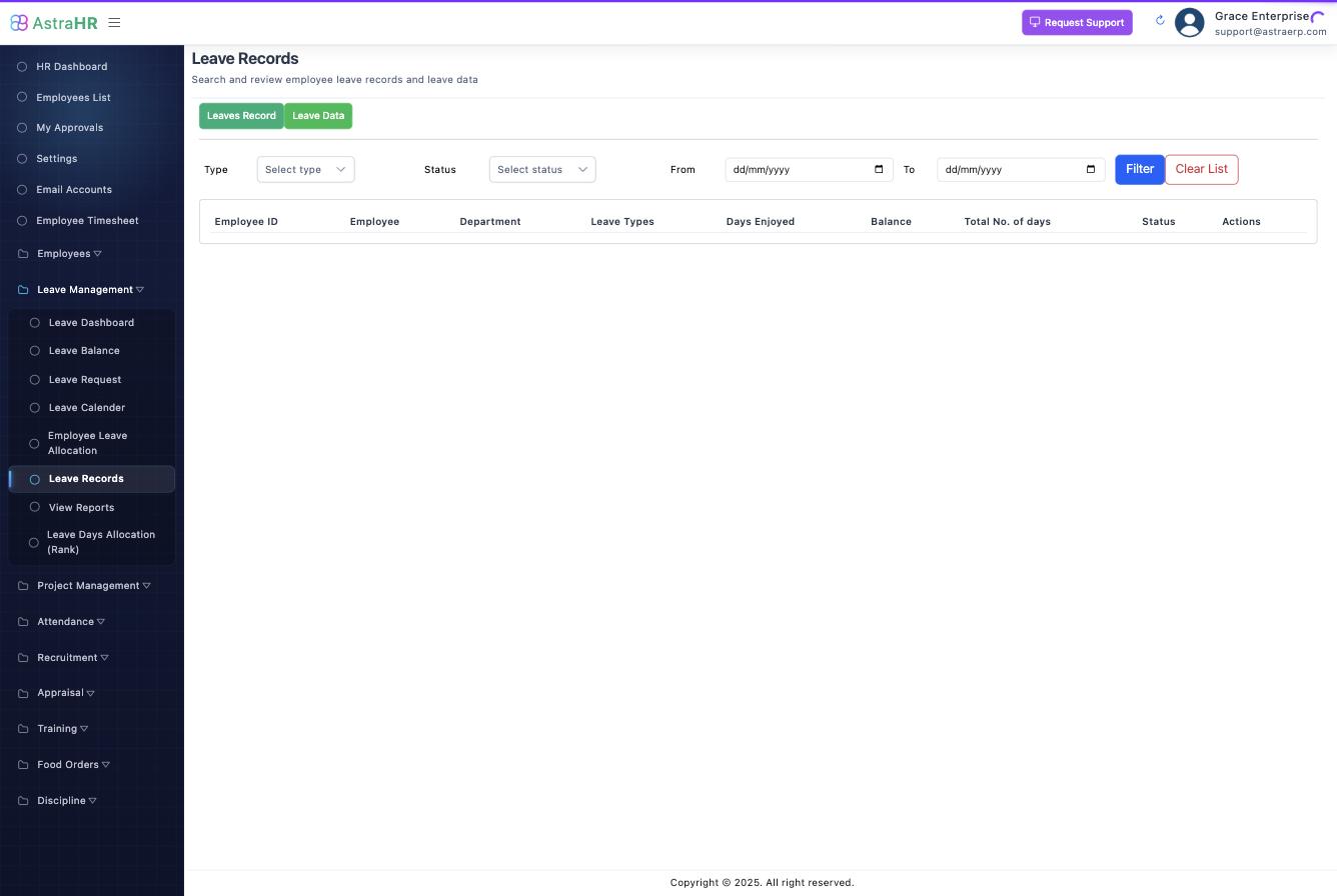 Leave records with type, status and period filters